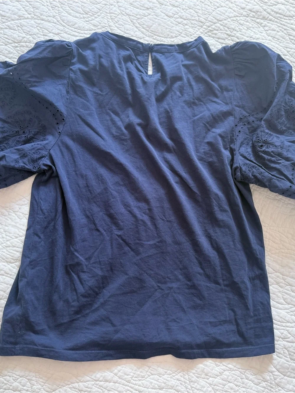 J Crew Broken-In Jersey Puff-sleeve EUC Dark Blue Eyelet Top Button Closure | M